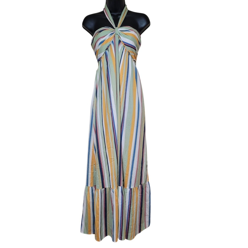 A.Calen By Flying Tomato Halter Maxi Dress Striped Smocked Bodice M swing casual